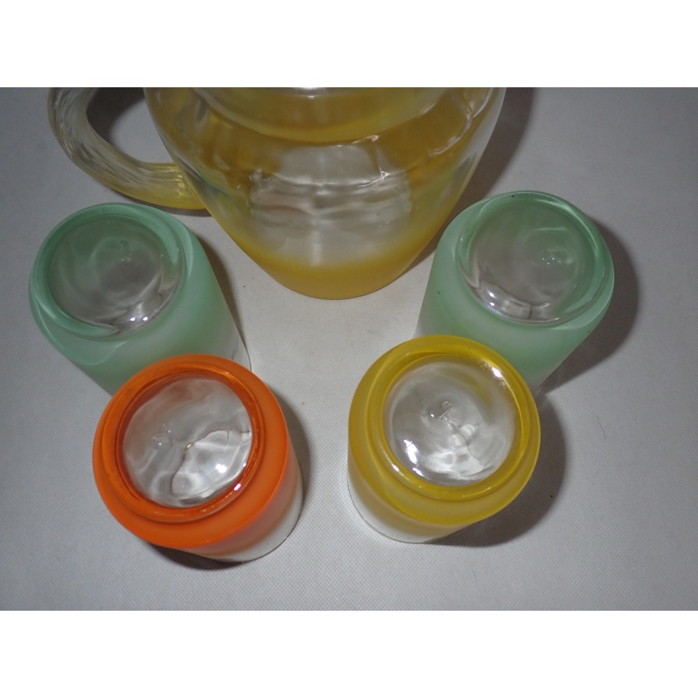 Vintage Frosted Ombre Glass Pitcher and 4 Tumbler Set Gold Rim Multi Color 5pc - Picture 4 of 15